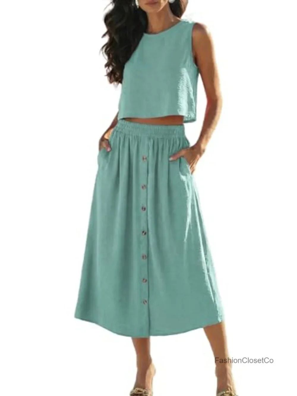 Women 2 Piece Outfit Sleeveless Tank Top Midi Skirt Set with Pockets Summer